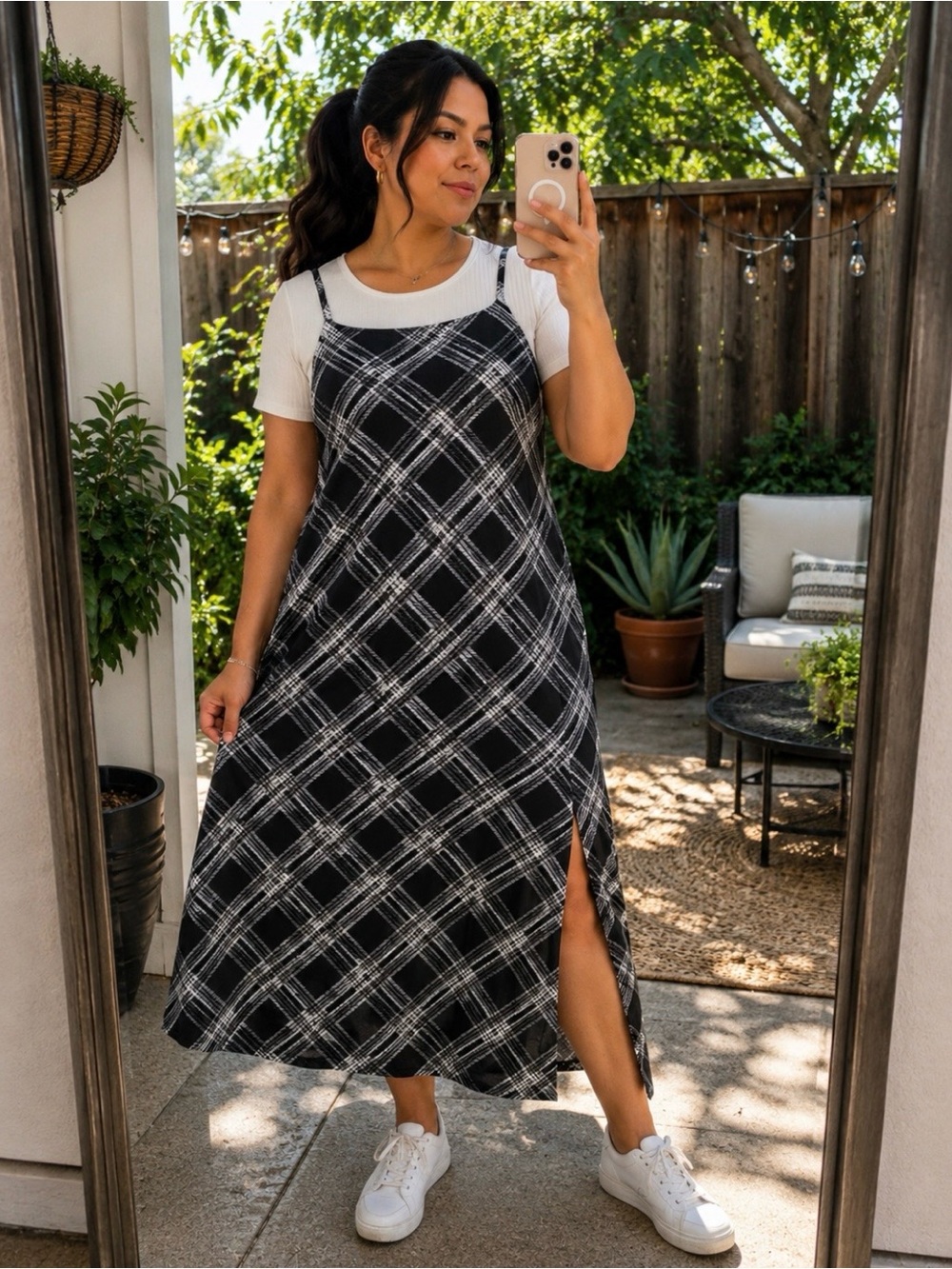Black Plaid Slip Dress with Side Slit